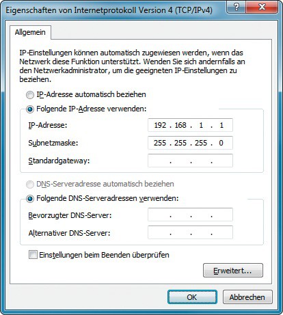IP-Adresse festlegen: Bei einer Direktverbindung von zwei PCs müssen Sie die IP-Adressen manuell festlegen (Bild 7).