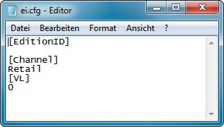Konfigurationsdatei „ei.cfg“: Diese wenigen Einträge genügen, um bei der Windows-Installation die Eingabe der Seriennummer zu überspringen. Zudem lässt sich zwischen Windows 8 und Windows 8 Pro auswählen (Bild 2).