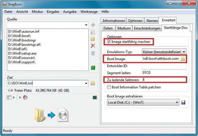 Bootloader eintragen: Geben Sie in Imgburn bei „Boot Image“ den Pfad zum Bootloader „etfsboot.com“ im Verzeichnis „C:\Win8\boot“ an (Bild 3).