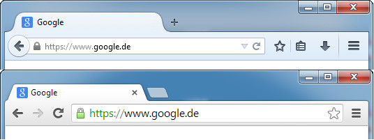 Wie Geschwister: Die Bedienoberfläche von Firefox (oben) sieht in der 29er-Version fast genauso aus wie von Google Chrome (unten).
