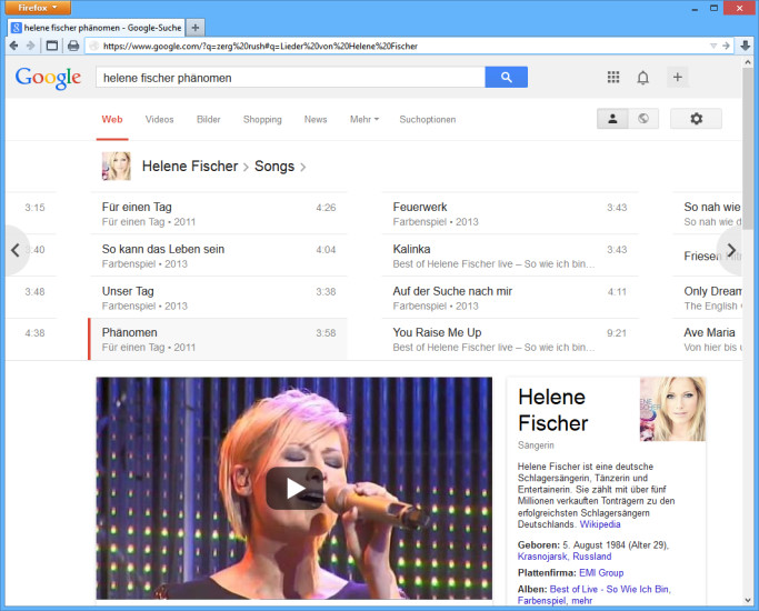 Kostenloses Musik-Streaming mit Google: Eine Suche nach „Lieder von“ und dem Namen eines Interpereten zeigt Ihnen alle verfügbaren Songs an, die sich direkt abspielen lassen.