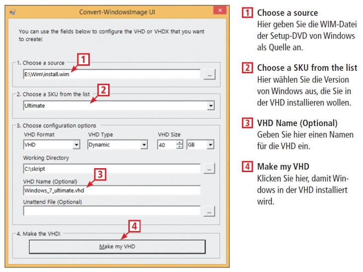 So geht’s: Convert Windows Image installiert Windows in einer virtuellen Festplatte (VHD). Die VHD binden Sie in einen virtuellen PC ein.