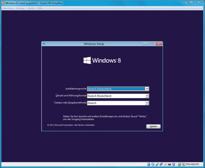 Windows-Installation vom Stick: Das Setup von diesem Windows 8.1 im virtuellen PC wurde direkt vom Setup-Stick aus gestartet und nicht wie üblich von einer DVD oder einer ISO-Datei.