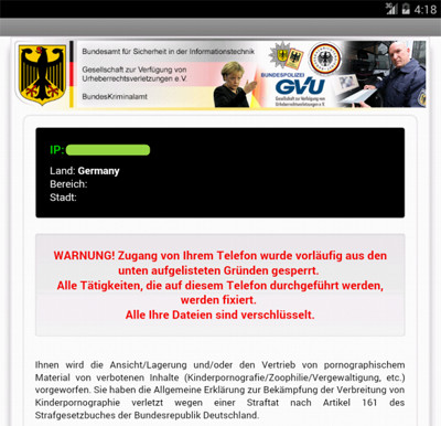 Warnung für Nutzer aus Deutschland: Die täuschend echte Erpressermeldung zeigt sogar ein Bild der Bundeskanzlerin Angela Merkel.