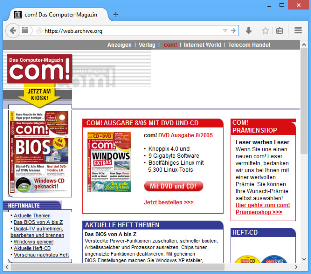 Zeitreise im Internet: Die Wayback Machine zeigt Ihnen an, wie Webseiten früher einmal aussahen. So sah zum Beispiel die com!-Webseite im August 2005 aus.