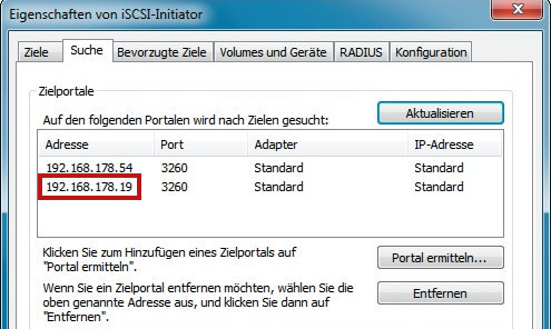 iSCSI-Kommunikation: Hier sehen Sie die IP-Adressen der NAS-Server, die iSCSI-Laufwerke für PCs im Netzwerk zur Verfügung stellen.