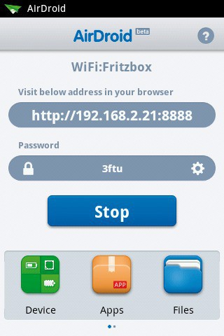 Airdroid: Geben Sie am PC diese Internetadresse und dieses Passwort ein, um auf Inhalte Ihres Smartphones zuzugreifen.