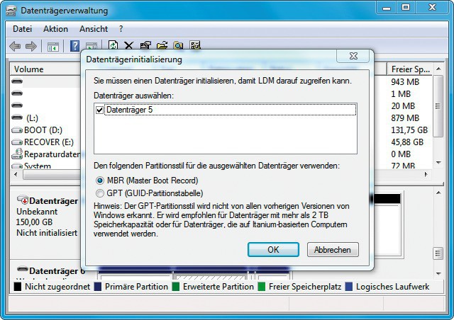 iSCSI-Laufwerk konfigurieren: Sobald Sie die Datenträgerverwaltung aufrufen, meldet Windows eine neue Festplatte.