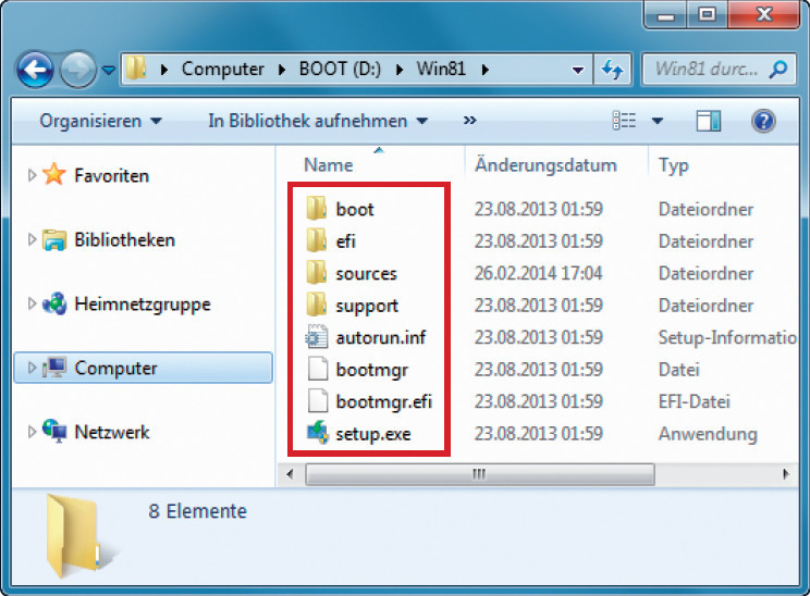 ISO-Datei entpacken: Extrahieren Sie die Setup-Dateien des ISO-Images von Windows 8.1 auf die Festplatte in den Ordner „Win81“.