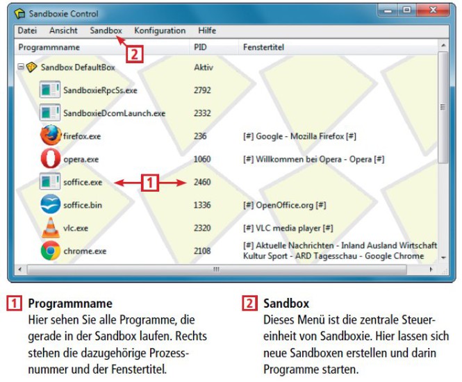 So geht’s: Sandboxie startet Programme in einer sicheren Umgebung (kostenlos, www.sandboxie.com/index.php?DownloadSandboxie). Das Hauptfenster von Sandboxie heißt Sandboxie Control (Bild 8).