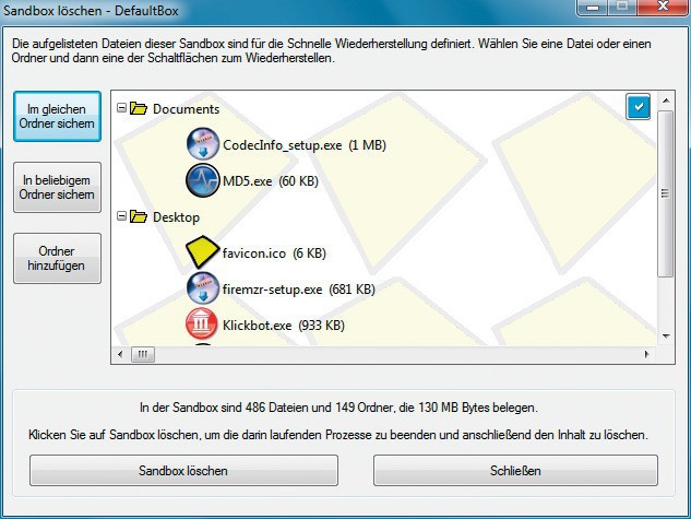 Sandbox löschen: Ein Klick auf „Sandbox löschen“ entfernt alle Dateien und Ordner und setzt die Sandbox auf den Ursprungszustand zurück (Bild 6)