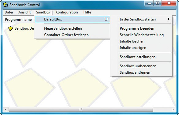 Sandboxie Control: In diesem Fenster starten Sie Programme in der Sandbox und haben Zugriff auf alle Funktionen von Sandboxie (Bild 2).