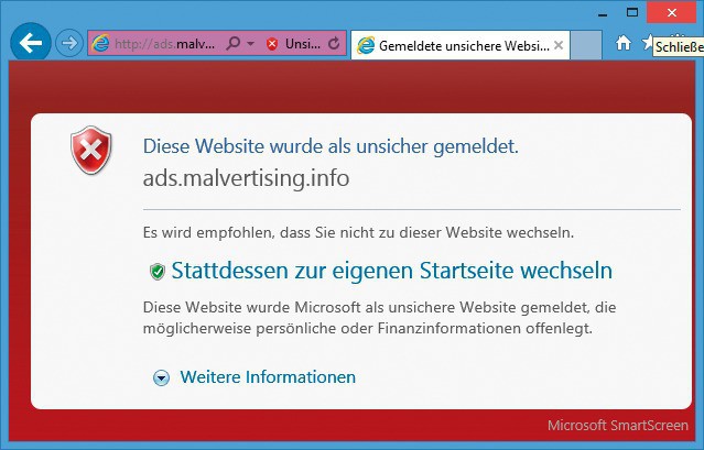 Smartscreen im Browser: Der Internet Explorer zeigt als gefährlich eingestufte Webseiten nicht an. Stattdessen erscheint ein Hinweis (Bild 8).