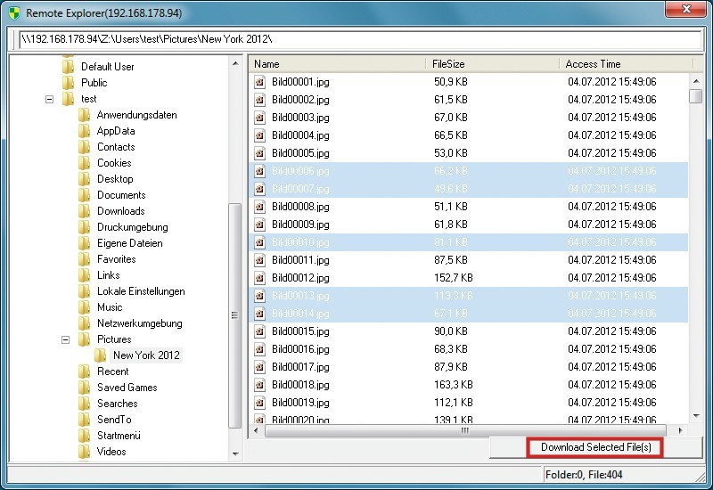 Remote Explorer: Der Datei-Manager von Toolwiz Care zeigt die Daten auf dem defekten PC an. „Download Selected File(s)“ lädt ausgewählte Dateien übers Netzwerk auf den Rettungs-PC.