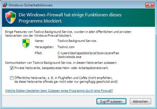 Windows-Firewall: Erlauben Sie Toolwiz Care die Datenübertragung mit „Zugriff zulassen“.