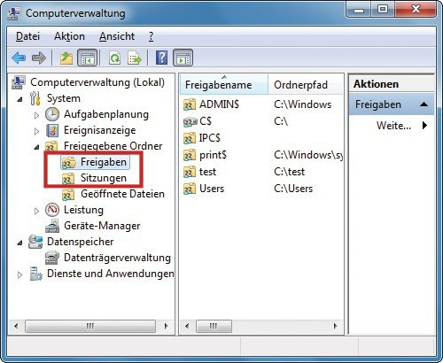Liste aller Freigaben: Die Computerverwaltung zeigt alle Netzwerkfreigaben in Windows 7 an. Unter „Sitzungen“ sehen Sie sogar, wer aktuell darauf zugreift.