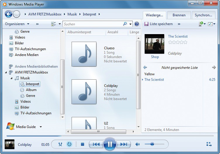 Zentrale Musikbox: Richten Sie die Festplatte an der Fritzbox als zentralen Musik-Server ein, auf den Sie dann etwa mit dem Windows Media Player zugreifen.