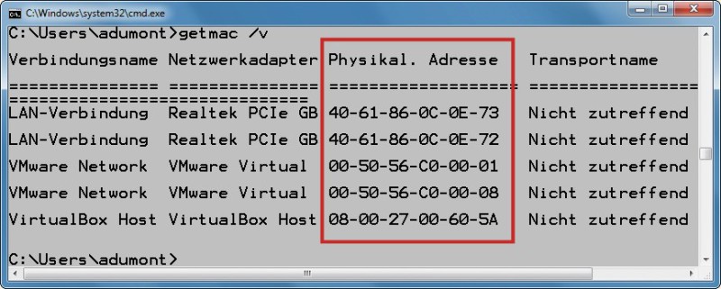 Geräteadresse ermitteln: Das Kommandozeilen-Tool Getmac zeigt die MACAdressen der angeschlossenen Netzwerkadapter an.