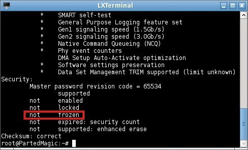 SSD mit hdparm prüfen: Wenn die SSD den Status „not frozen“ hat, dann lässt sich ein Secure Erase durchführen (Bild 2).
