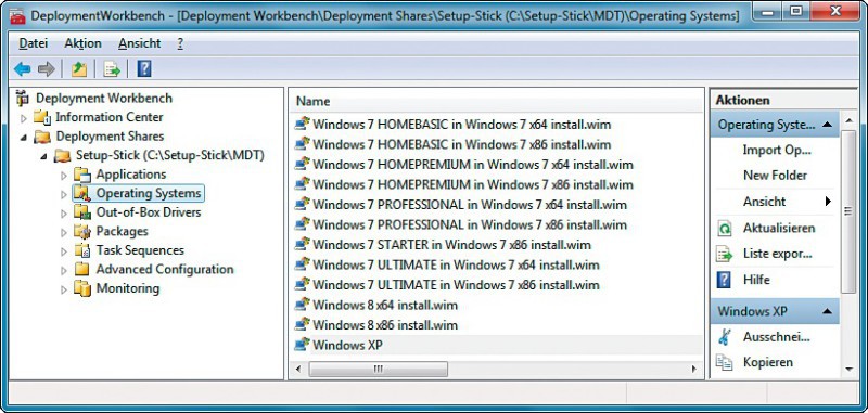 Zwölf Systeme: So sieht die Betriebssystemliste im Microsoft Deployment Toolkit aus, wenn Sie alle Windows-Versionen eingebunden haben.