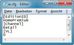 Datei „ei.cfg“: Die Textdatei auf der Setup-DVD von Windows 7 legt fest, welche Version installiert wird — hier Home Premium.
