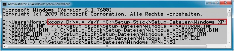 Windows XP kopieren: Die Setup-Dateien für XP kopieren Sie über die Kommandozeile auf Ihren Rechner. Wenn Sie XP Home nutzen, dann passen Sie noch einige Dateien an.
