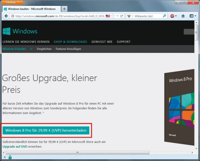 Windows 8 für 30 Euro: Bis 31. Januar 2013 gibt es das Upgrade von Windows XP SP3, Windows Vista SP1 und Windows 7 auf Windows 8 Pro für 30 Euro.