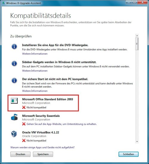 Kompatibilitätsdetails: Einige Funktionen und Programme stehen unter Windows 8 nicht zur Verfügung.