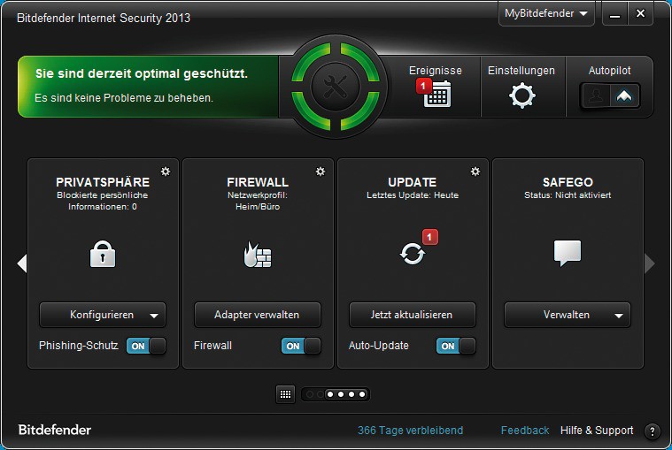 Testsieger: Bitdefender Internet Security 2013 bietet den umfassendsten Schutz und gute Übersicht. Rote Marker zeigen an, wo ein Eingreifen des Nutzers erforderlich ist.