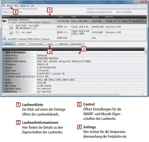 So geht’s: DHE Drive Info verrät Ihnen sämtliche Daten zu den Festplatten eines PCs. Das Tool konfiguriert zudem die SMART- und Akustik-Eigenschaften eines Laufwerks.