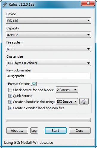 Notfall-Stick erstellen: Das Programm Rufus macht den USB-Stick bootfähig und kopiert alle Daten des Notfall-Windows auf den Stick.