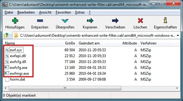 EWF-Treiber: Aus der heruntergeladenen CAB-Datei entpacken Sie diese fünf EWF-Dateien. Später kopieren Sie sie in das Systemverzeichnis von Windows 7.