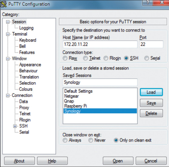 Putty: Mit dem SSH-Client verbinden Sie sich mit der Kommandozeile auf dem NAS.