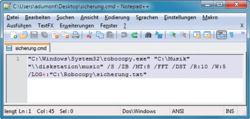 Robocopy: Diese Batch-Datei sichert den Ordner „C:\Musik“ per Doppelklick aufs NAS.