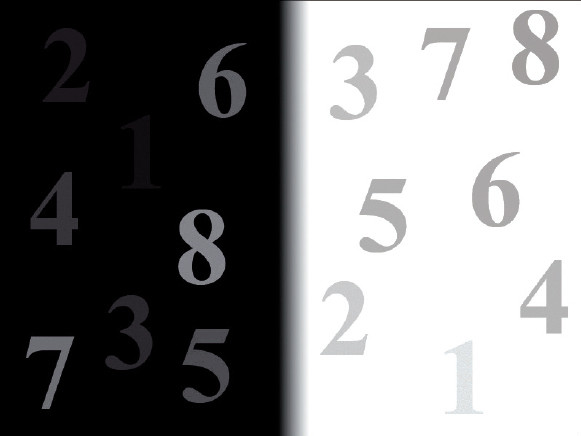 Helligkeit und Kontrast: Perfekte Monitore zeigen in beiden Hälften die Zahlen 1 bis 8 an.
