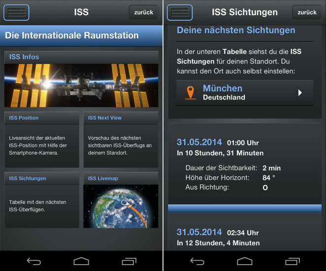 DLR_next: Die kostenlose Android-App verrät Ihnen, wann und wie lange die Raumstation ISS zu sehen ist.