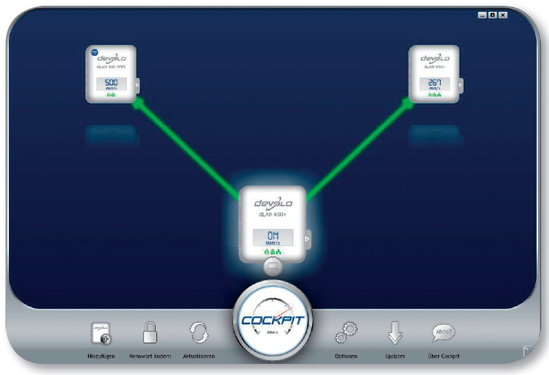 Devolo Cockpit: Das Programm zeigt die Geschwindigkeiten der Power-LAN-Adapter an und ermöglicht Einstellungen und Firmware-Updates.