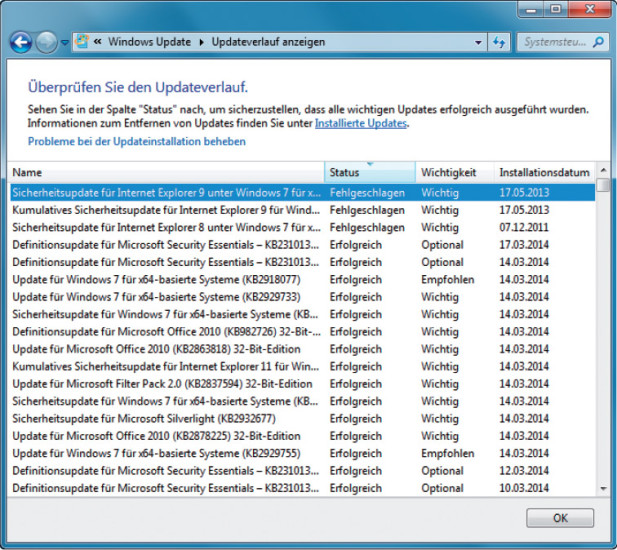 Update-Chronik: Im Update-Verlauf führt Windows Buch darüber, wann welche Updates installiert wurden und ob die Installation geklappt hat.