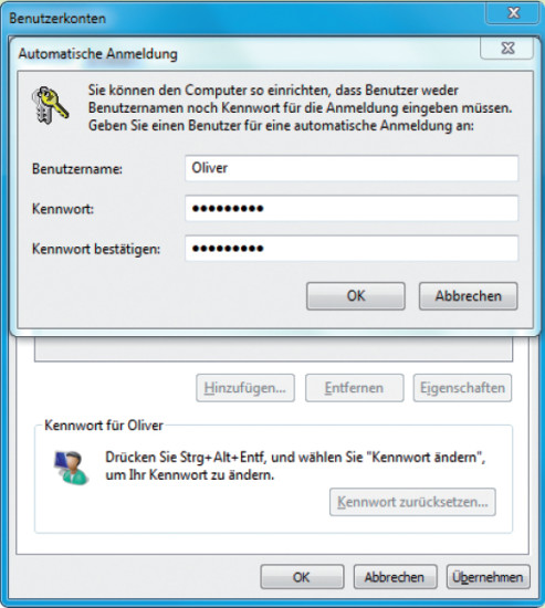 Automatische Anmeldung: Geben Sie hier Ihr Passwort ein, damit Windows künftig sofort in Ihr Benutzerkonto booten kann.