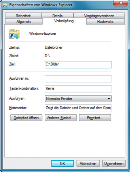 Pfad für Windows-Explorer vorgeben: Tragen Sie in das Feld neben „Ziel“ das Verzeichnis ein, das der Windows-Explorer beim Start öffnen soll.