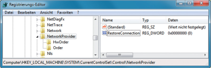 Zugriff auf Netzlaufwerke: Erstellen Sie den Registry-Eintrag „RestoreConnection“, damit Windows die Netzlaufwerke erst einbindet, wenn sie gebraucht werden.