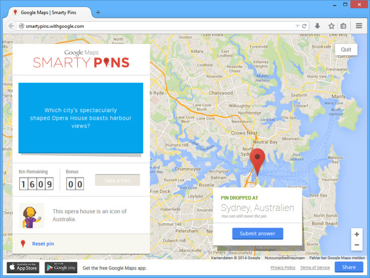 Smarty Pins: Bei diesem kurzweiligen Spiel markieren Sie die Antworten auf Fragen auf einer Karte bei Google Maps.