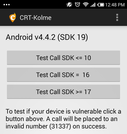 Sicher oder anfällig? - Mit der kostenlosen App CRT-Kolme von Curesec testen Sie ihr Smartphone. Falls ein Testanruf ausgeführt wird, ist Ihr Smartphone von der Sicherheitslücke betroffen.