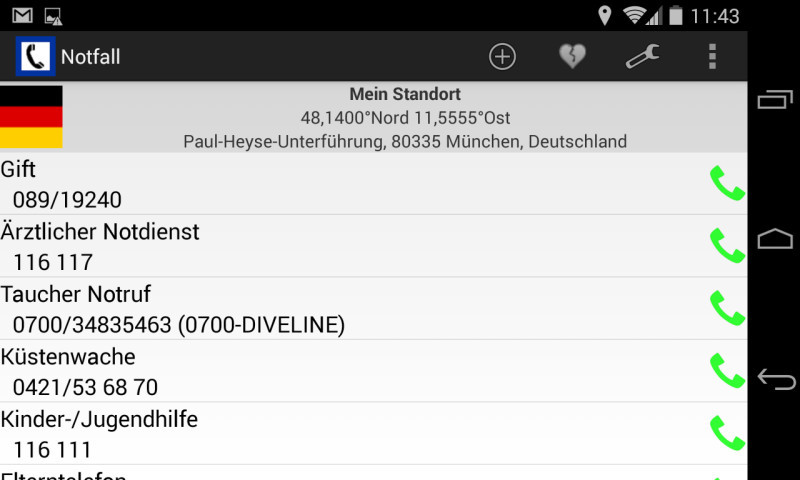Mobile Notruf-App für Notfälle: Die Android-App listet auch die Giftzentrale, den Taucher-Notruf und die Rufnummer der Küstenwache.