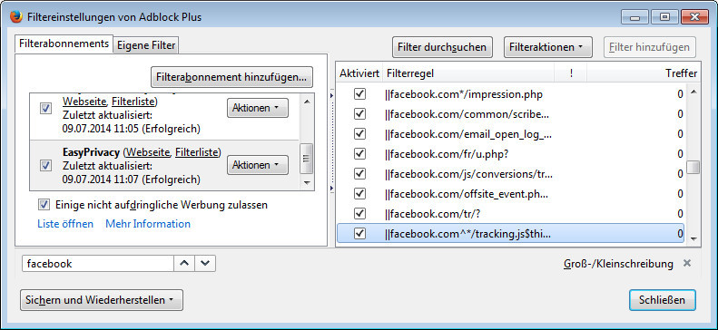 Filterlisten: Adblock Plus verhindet Facebook-Tracking mit einer Filterliste. 