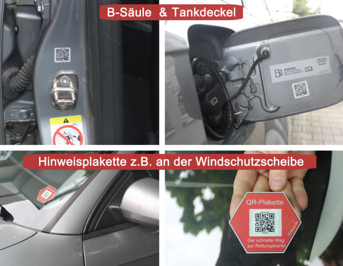 QR-Plakette: Die Aufkleber werden am Tankdeckel und an der B-Säule der gegenüberliegenden Fahrzeugseite montiert. Zusätzlich wird an der Windschutzscheibe eine Hinweisplakette befestigt.