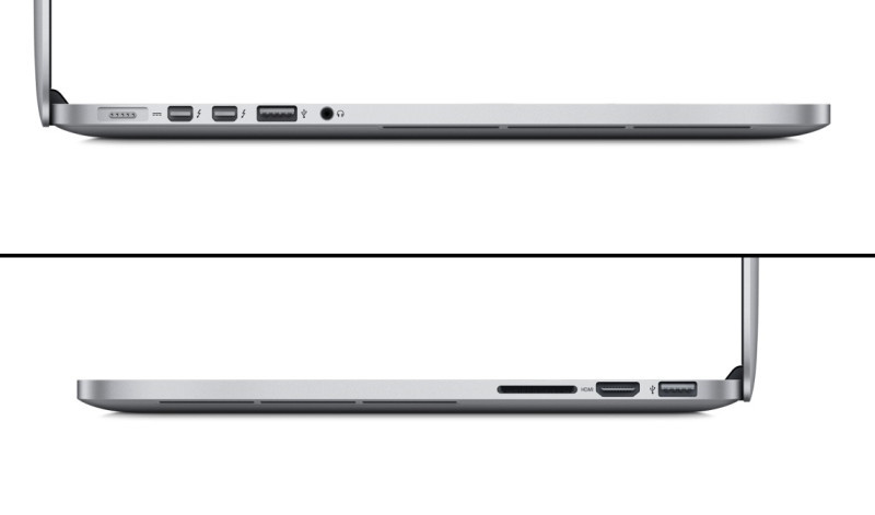 Anschlüsse: Die MacBook-Pro-Reihe hat neben einem SDCX-Kartenslot einen HDMI-, zwei USB-3.0- und zwei Thunderbolt-Anschlüsse.