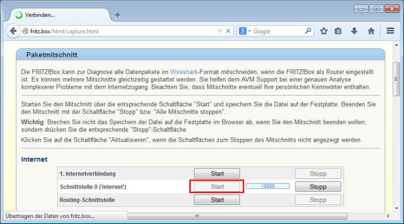 Datenpaket-Aufzeichnung: Mit einem Klick auf Start, zeichnet die Fritzbox den Internetdatenverkehr auf.