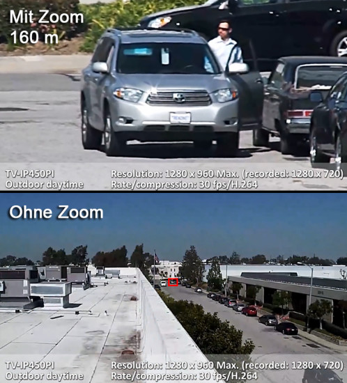 Zoom-Vergleich: Oben hat die Kamera auf ein 160 m entferntes Auto gezoomt. Unten ist die Standard-Ansicht ohne Zoom zu sehen.