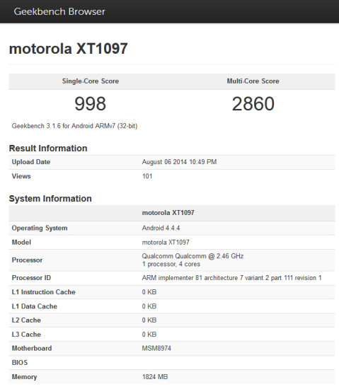 Motorola Moto X+1: Laut den Geekbench-Ergebnissen kommt Motorolas neues Android-Flaggschiff mit einem Snapdragon 800 und 2 GByte RAM.
